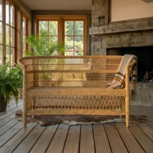 100% Solid Wood Frame Handwoven Natural Rattan Indoor Loveseat, Boho Farmhouse Accent Seating â€“ Authentic African Craftsmanship