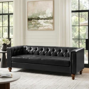 Anselmo 81.5"W Traditional Chesterfield Faux Leather Tufted Sofa